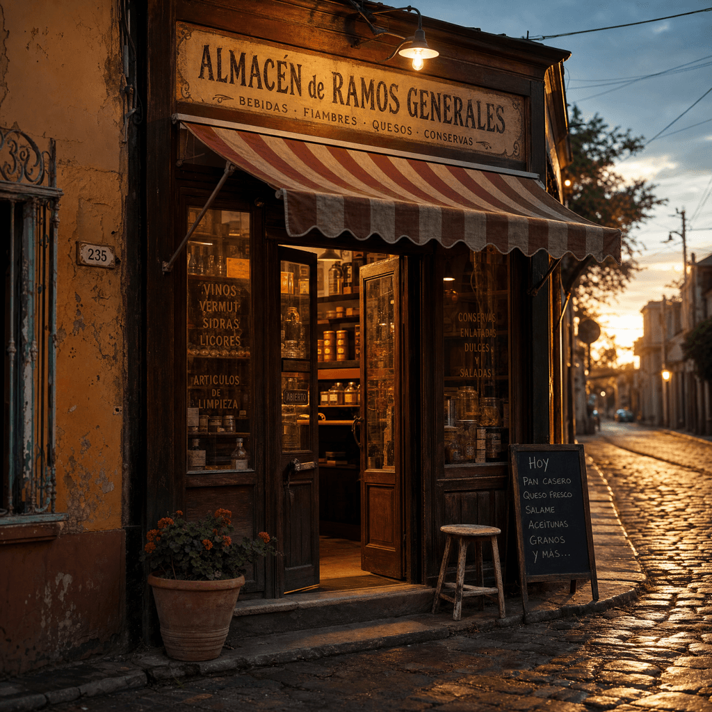 Vidriera de un comercio de pueblo al atardecer, luces cálidas encendidas